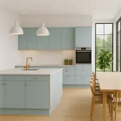 Enø køkkenlåger og fronter efter dine mål - mild blå højtrykslaminat med kant af træ  [Pris F]