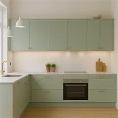 Askø køkkenlåger og fronter efter dine mål - lys støv grøn højtrykslaminat med kant af træ  [Pris F]